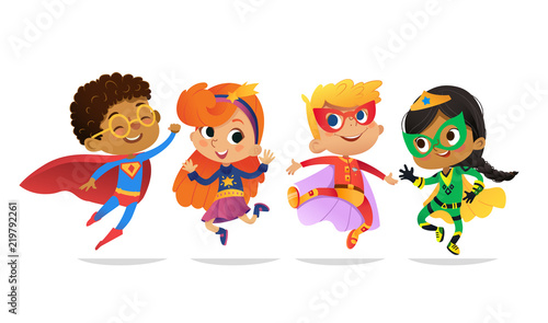Multiracial Boys and Girls, wearing colorful costumes of superheroes, happy jump. Cartoon vector characters of Kid Superheroes, isolated on white background. for party, invitations, web, mascot.