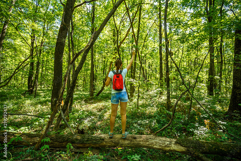 Obraz premium Young girl backpacker in jeans shorts with red backpack and sandals on his feet, walks on the road in the green forest in the sunshine outdoors in the summer time