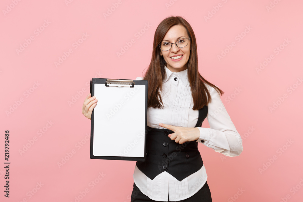 Young business woman in glasses point index finger on clipboard tablet with blank empty sheet workspace copy space isolated on pink background. Lady boss. Achievement career wealth. Advertising area. Young business woman in glasses point index finger on clipboard tablet with blank empty sheet workspace copy space isolated on pink background. Lady boss. Achievement career wealth. Advertising area.