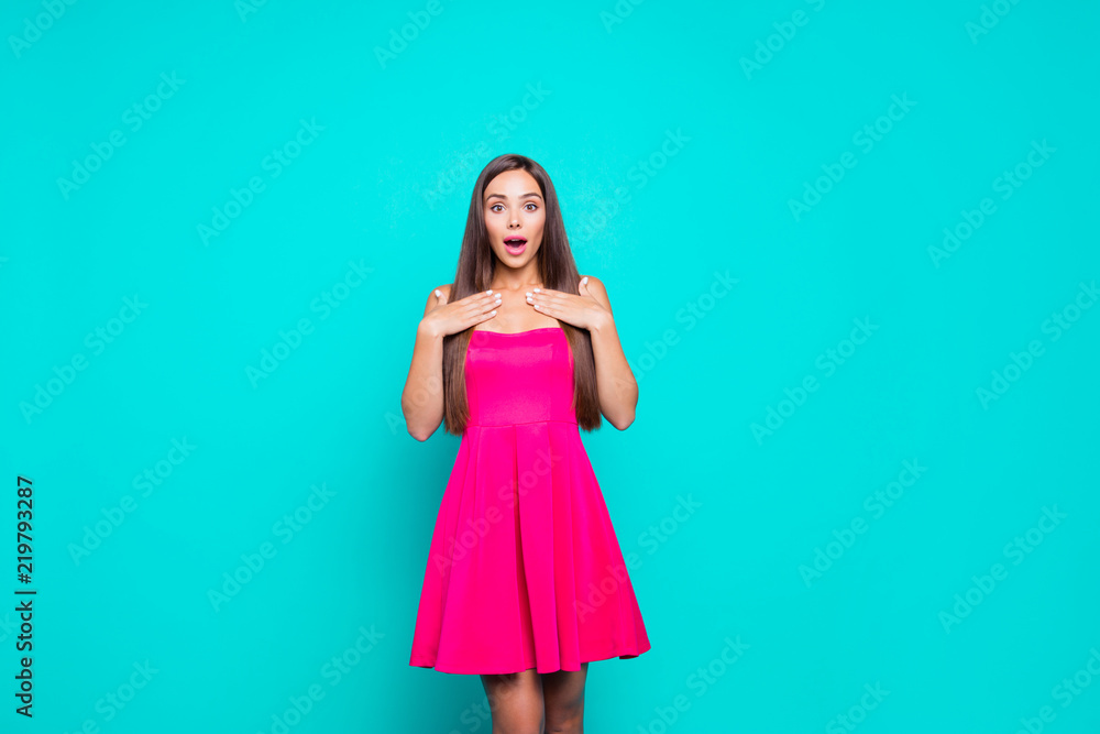 Unbelievable incredible cool unexpected people person concept. Studio photo portrait of cute chic clothed in formal wear lady looking staring at camera with open mouth isolated vivid bright background