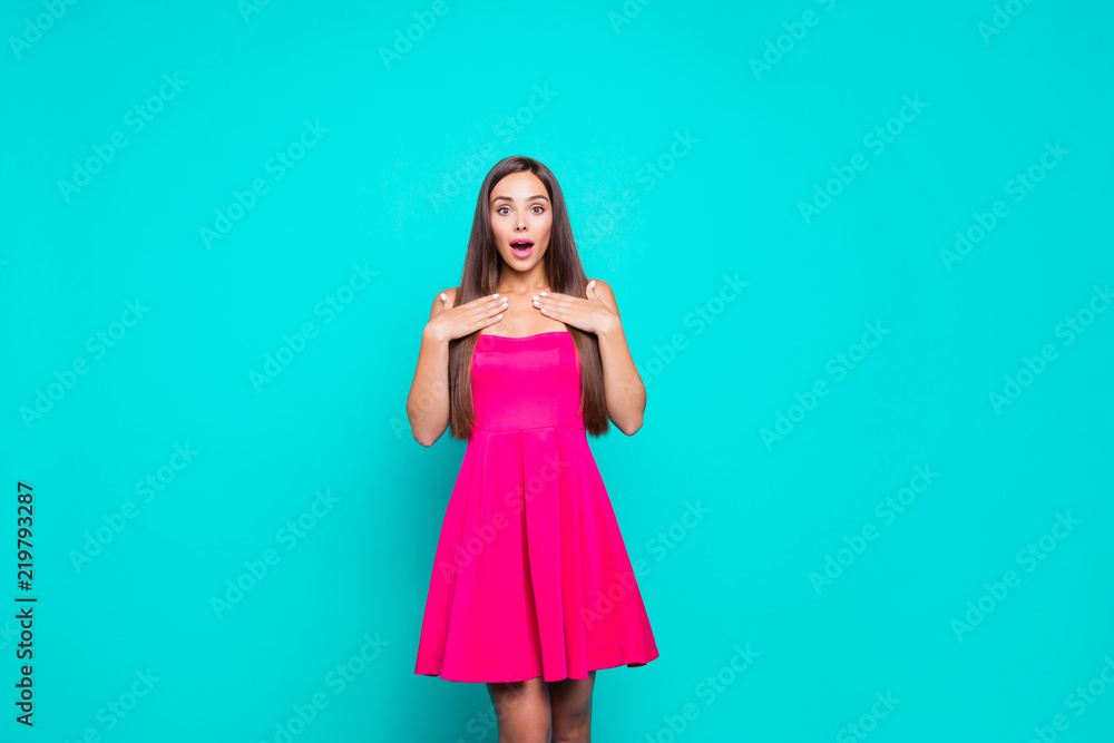 Unbelievable incredible cool unexpected people person concept. Studio photo portrait of cute chic clothed in formal wear lady looking staring at camera with open mouth isolated vivid bright background Unbelievable incredible cool unexpected people person concept. Studio photo portrait of cute chic clothed in formal wear lady looking staring at camera with open mouth isolated vivid bright background