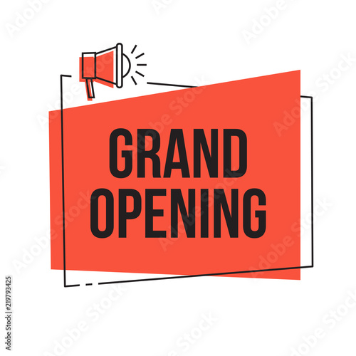 Grand opening vector red banner, flyer, poster design, marketing background template with megaphone for website, store, sale, party, club, business ad. New concept event advert. Big festive ceremony  