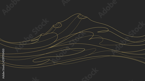 Black abstract background, cover, wallpaper design with golden line hills, waves. Music premium art concept with waveforms, gold lines, modern print. Electronic, classic musical creative illustration 