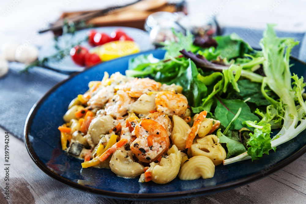 Pasta with vegetables and Shrimps lemon cream basil Pasta with vegetables and Shrimps lemon cream basil