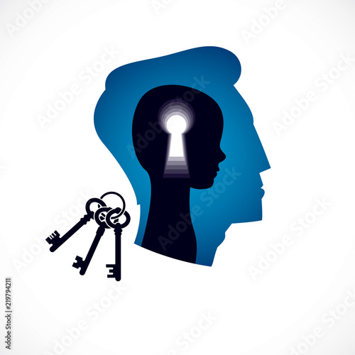 Psychology vector logo created with man head profile and little child boy inside with keyhole, inner child as a key to human individuality and psychic problems concept. Therapy and analysis concept.