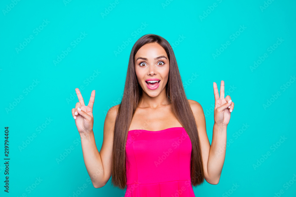 Facial reaction expressing concept. Close up studio photo portrait of funky sweet impressed charming rejoicing delightful pretty lady making v-sign open mouth isolated vivid bright shinny background Facial reaction expressing concept. Close up studio photo portrait of funky sweet impressed charming rejoicing delightful pretty lady making v-sign open mouth isolated vivid bright shinny background