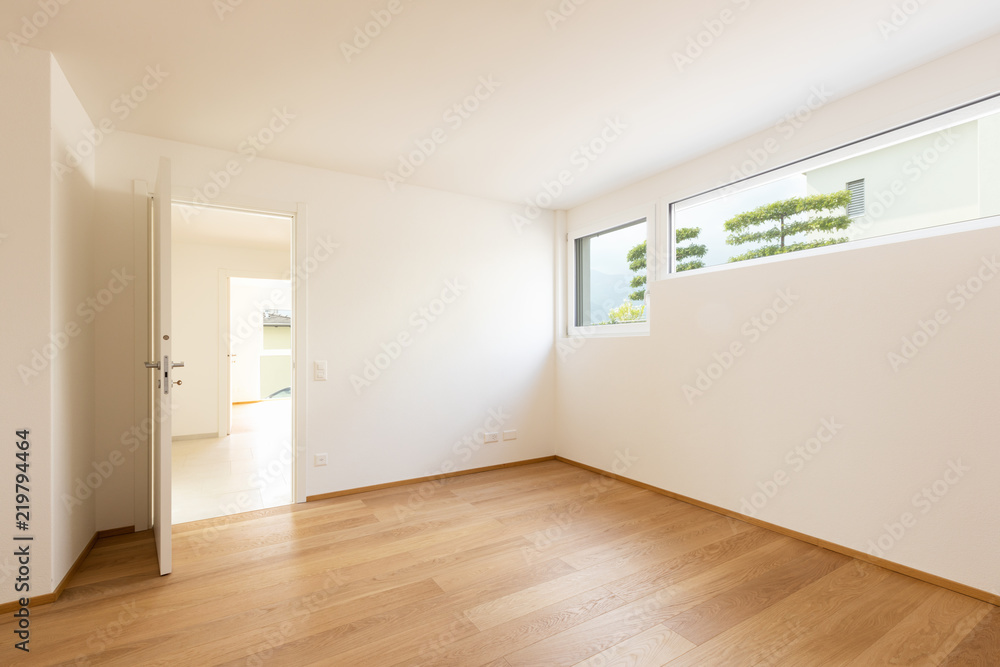 Empty white room with windows, doors and parquet - obrazy, fototapety, plakaty 