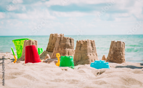 Sand castle on the beach, vacation concept