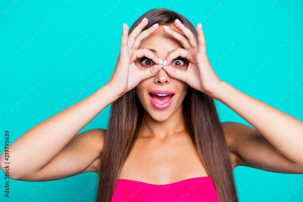 Omg people person open mouth concept. Close up photo portrait of joking cute sweet glad nice with long brown hairstyle plump lips isolated on bright blue vivid shinny background Omg people person open mouth concept. Close up photo portrait of joking cute sweet glad nice with long brown hairstyle plump lips isolated on bright blue vivid shinny background