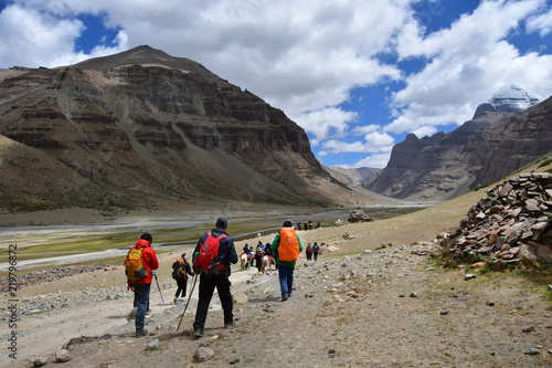 Dorchen, Tibet, China, June, 18, 2018. People with a horses making parikrama around Kailas in Tibet photo