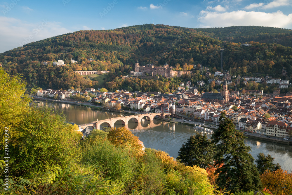 Heidelberg Stadtansicht im Herbst mit Schloss und Neckar