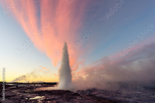 Photo Erupting of Geysir geyser in southwestern Iceland, Europe.