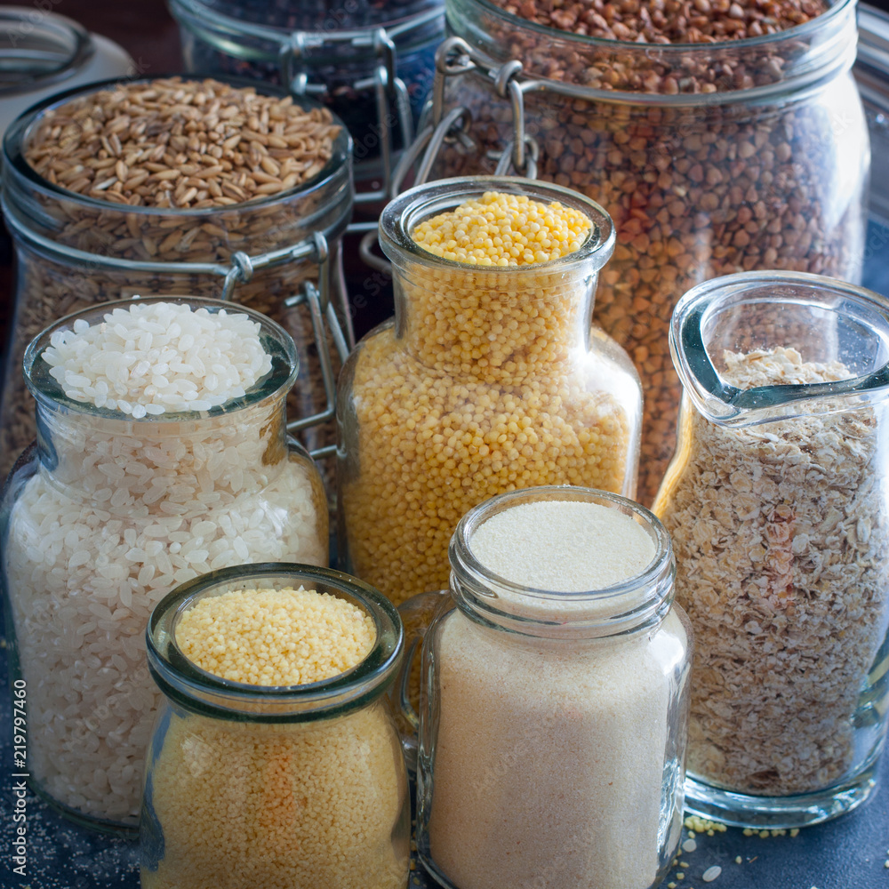 Variety of cold cereals, quick breakfast for kids overhead shot Variety of cold cereals, quick breakfast for kids overhead shot