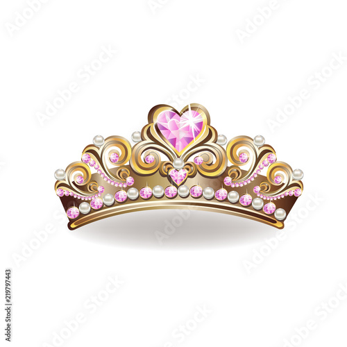 Crown of a princess with pearls and pink gemstones. Vector illustration.