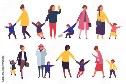 People with kids. Busy parents with naughty children. Vector illustration.