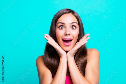 I need to buy with dress! Close up photo portrait of wondered astonished crazy mad cute groomed lady holding hands palm near face isolated on bright vivid blue background