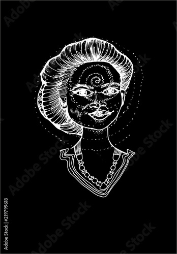 Black and white vector of beauty indian girl and spiral. The power of thought. Black and white vector. The power of thought.