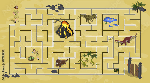 Cartoon kids maze in dinosaur world. Labyrinth of dino way. Help  researcher find path to gate. Childrens home game. Vector isometric illustration