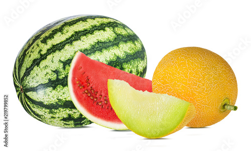 Fresh melon and watermelon isolated on white background with clipping path