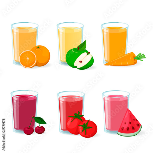 Fresh fruit and vegetable juice in glass. Set of vector icons.