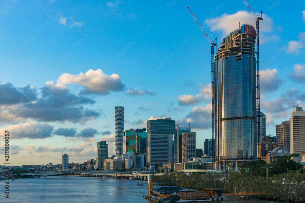 Brisbane cityscape with Pacific Motorway and Riverside Expressway over Brisbane river