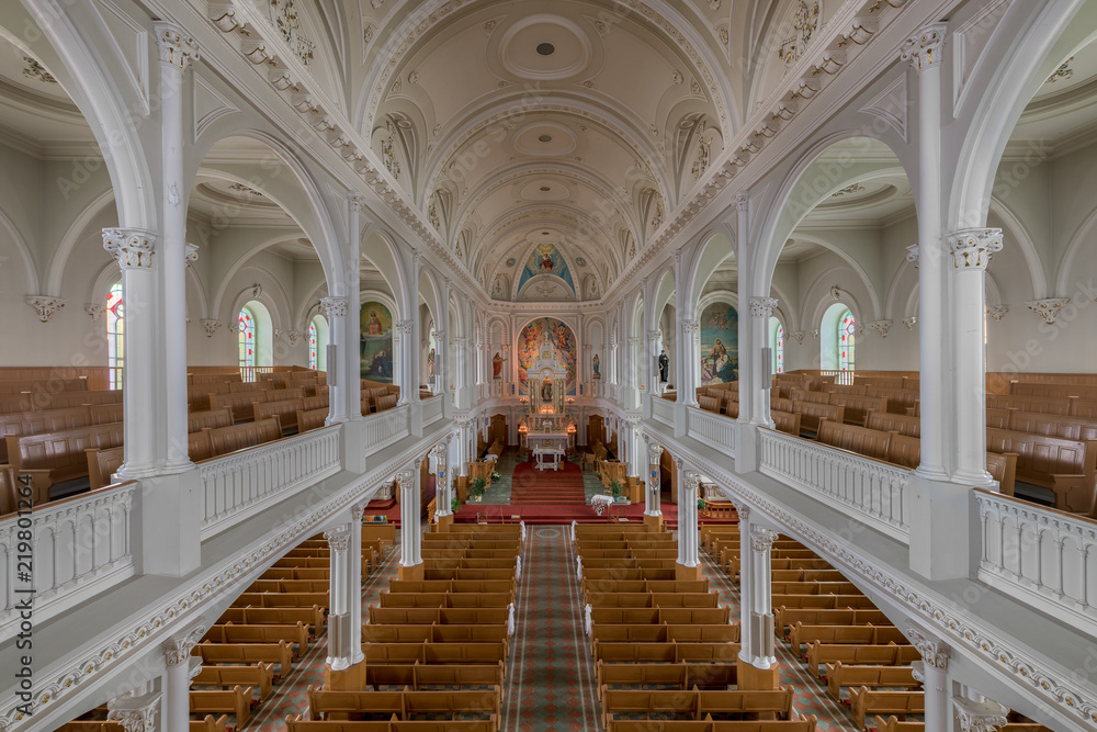 Interior of the historic Saint Peter's Catholic Church along the Cabot Trail in Cheticamp, Nova Scotia