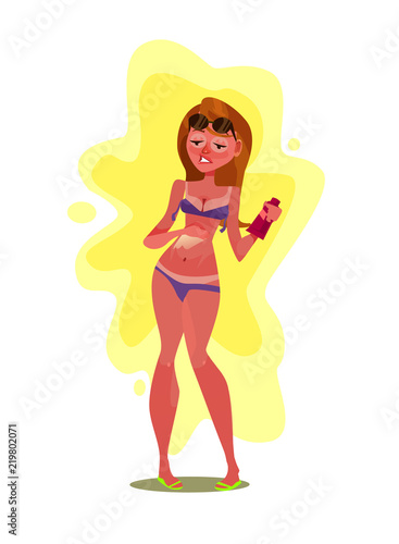 Unhappy woman character burning at sun and smudge with cream. Summer time vector cartoon illustration