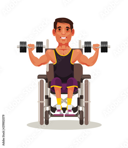 Disabled sport man character sitting in wheelchair and doing exercise with dumbbell. Strong spirit vector cartoon illustration