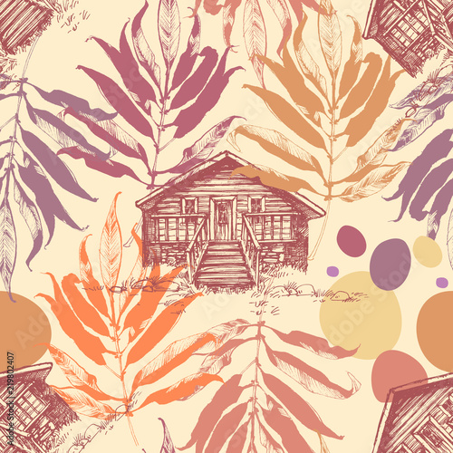 Wooden cabin in the autumn forest seamless pattern