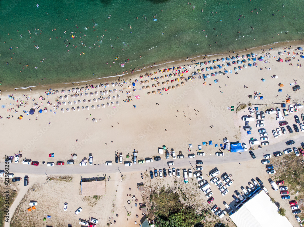 Aerial Drone View of Beach Cove with People Swimming at Erdek Turankoy / Balikesir / Turkey