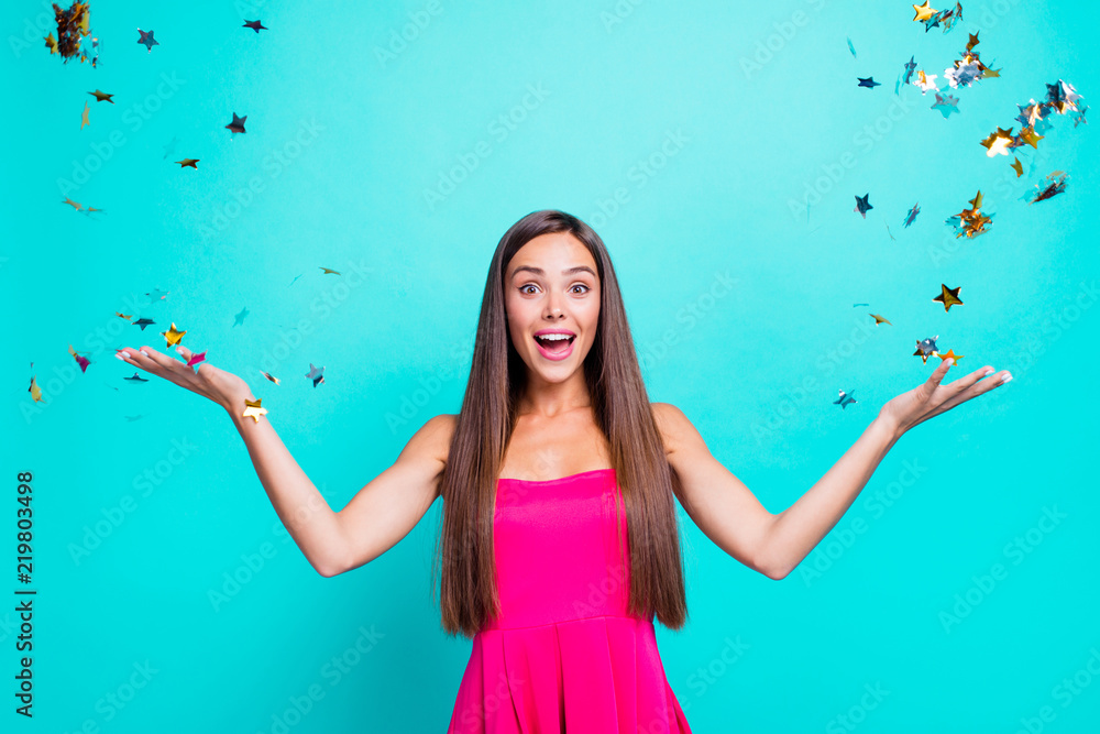 So perfect ideal day! Close up studio photo portrait of astonished wondered cheerful joyful cute lovely charming nice cool look staring eyes lady catching confetti isolated on bright shine background - obrazy, fototapety, plakaty 
