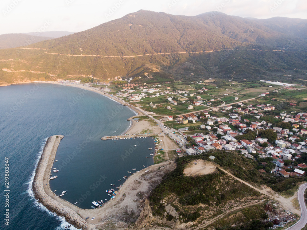 Obraz premium Aerial Drone View of Marina Pier with Boats in Erdek Turankoy / Balikesir