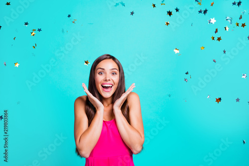 It's sweet sixteen! Teen age teenager concept. Close up studio photo portrait of pretty amazed astonished charming gorgeous lady with opened mouth isolated on bright vivid background