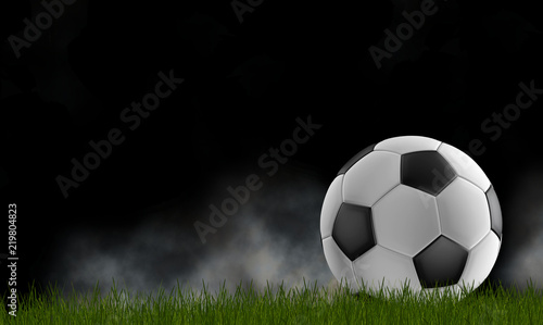 soccer ball with fog black background with dark green lawn 3d-illustration isolated