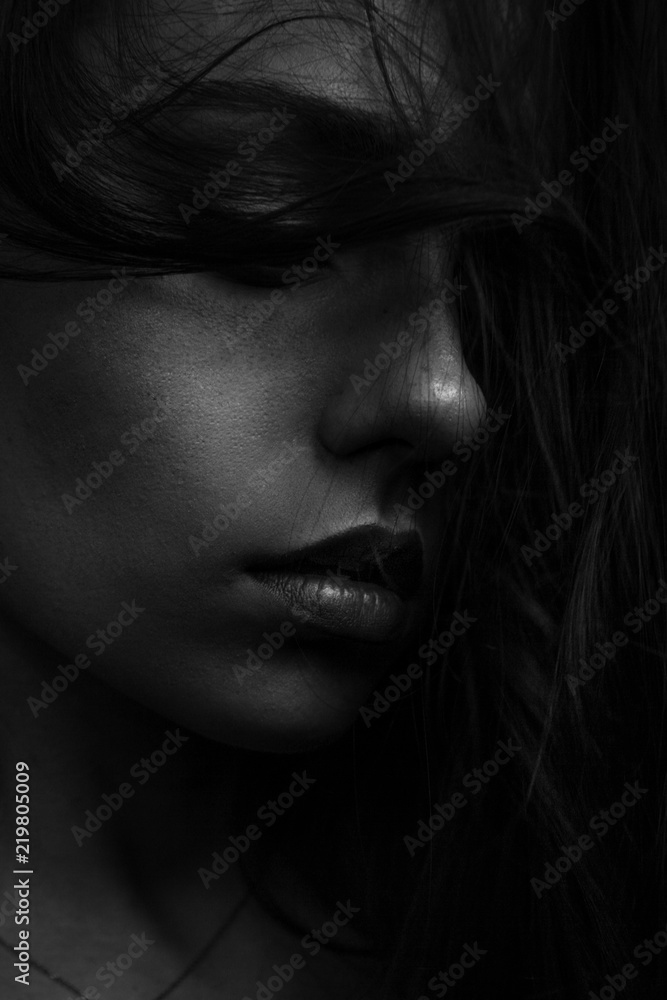 Portrait photos of the girl.Sad girl.Nice lips.Black white photo Portrait photos of the girl.Sad girl.Nice lips.Black white photo