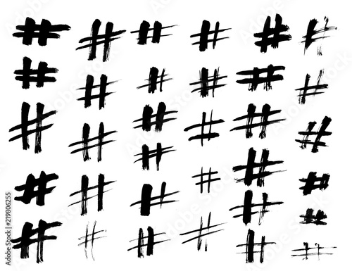 Set of grunge Hashtag icons. Modern social symbols isolated on a white background. Vector illustration