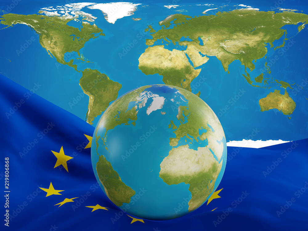 flag of Europe with planet earth globe and world map. elements of this image furnished by NASA 3d-illustration