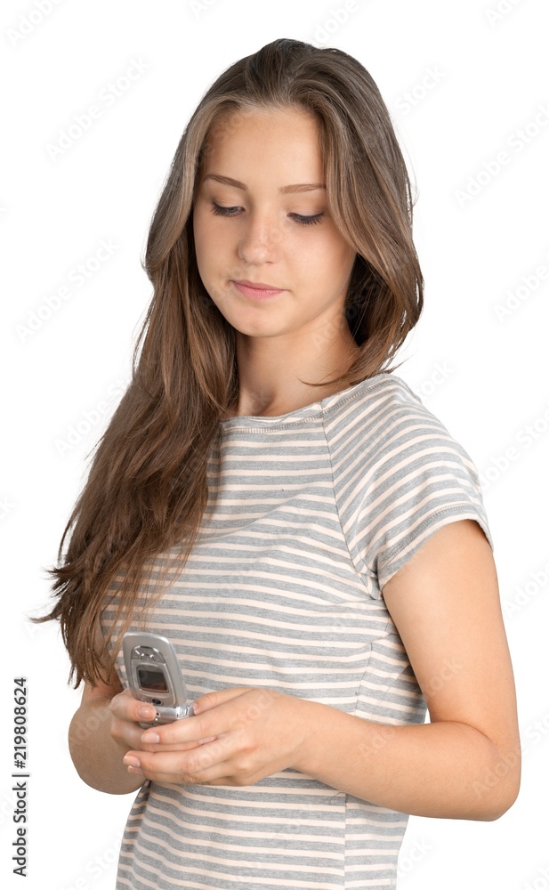 Close-up portrait of young woman with phone isolated on white Close-up portrait of young woman with phone isolated on white