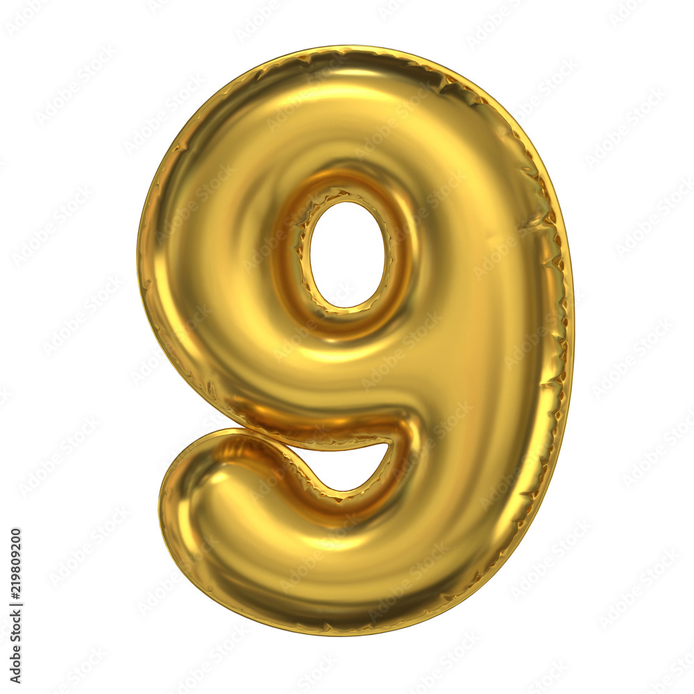 Golden balloon font 3d rendering, number 9