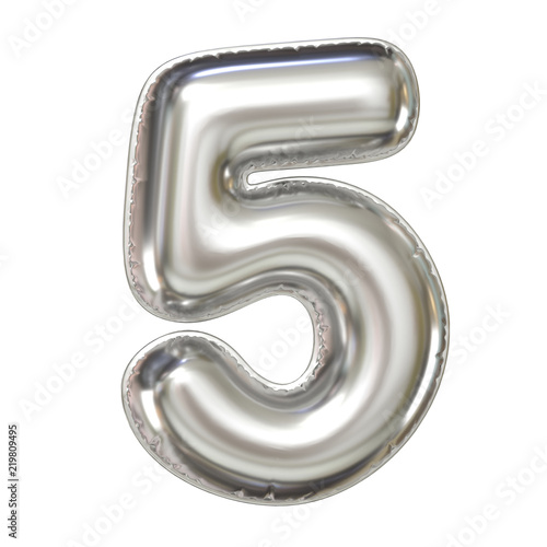 Silver balloon font 3d rendering, number 5