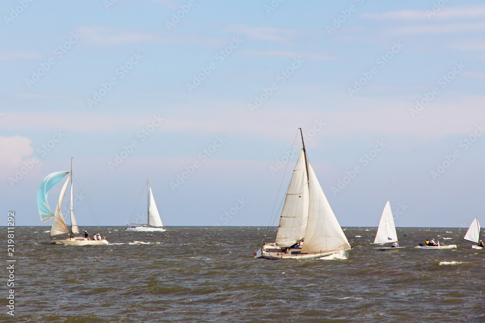 Sailing Boat Yachts at Sea on blue sky background.