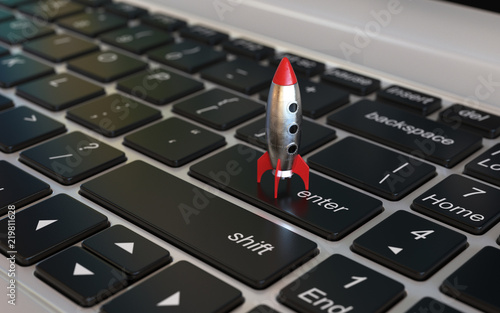 Start up 3d concept, space ship rocket on the laptop keyboard, 3d rendering