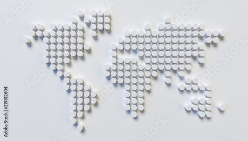 World map wall sculpture  stylized world map made of the circular patterns  3d rendering