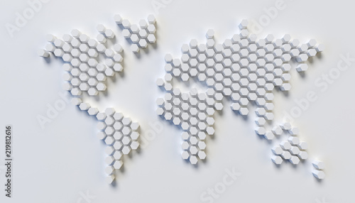 World map wall sculpture, stylized world map made of the hexagonal patterns, 3d rendering