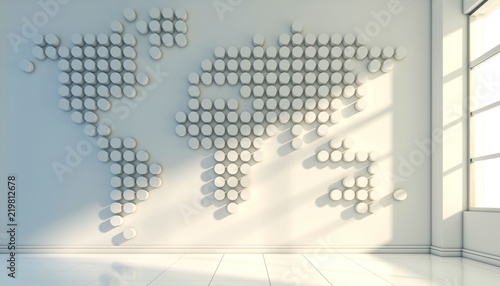 Dotted world map geometrical shape on the interior wall, mock up 3d rendering