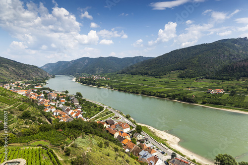 Spitz, Austria, View to Danube river from ruins of Hinterhaus castle.