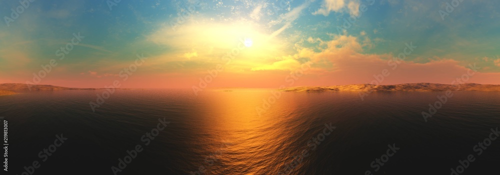 Beautiful sea sunset. Panorama of the oceanic sunrise. The sun is above the water.
