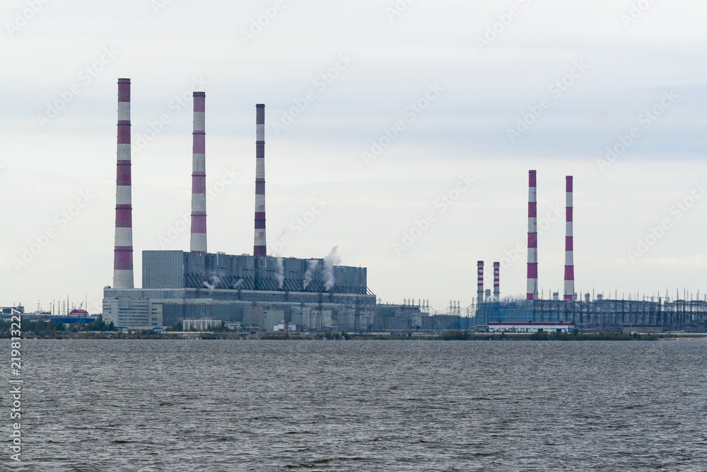 Thermal power station on the shore of the reservoir