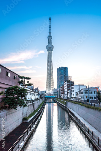 Fototapeta Naklejka Na Ścianę i Meble -  TOKYO, JAPAN - June 22, 2018: Tokyo Sky Tree, sunset and blue sky. Tokyo Sky Tree is one of the famous landmark in Tokyo. It is the tallest structure in world when built.