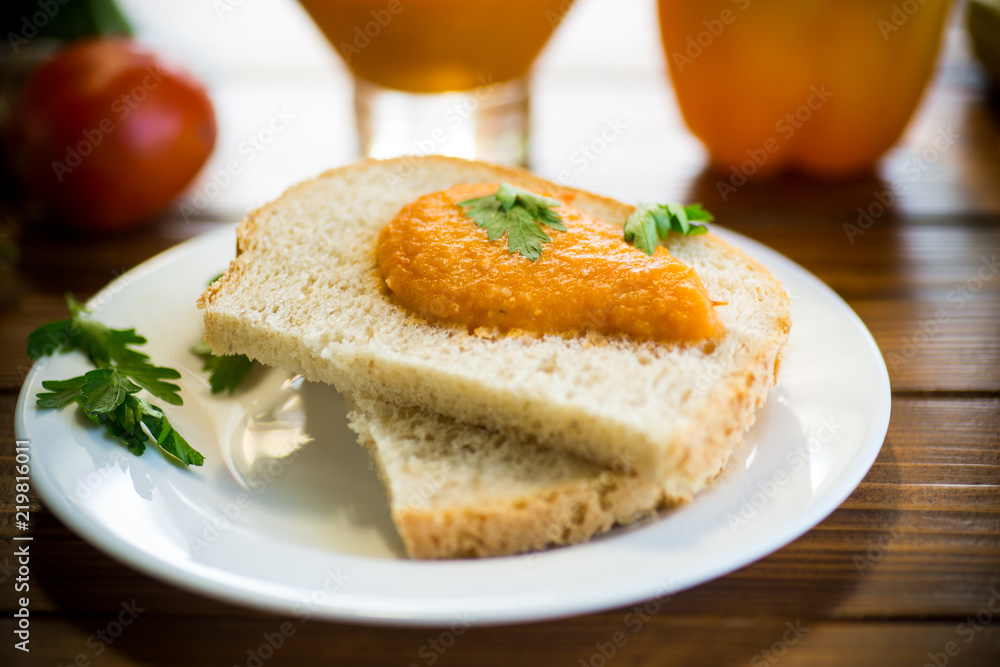 Homemade caviar of vegetables on a slice of bread Homemade caviar of vegetables on a slice of bread